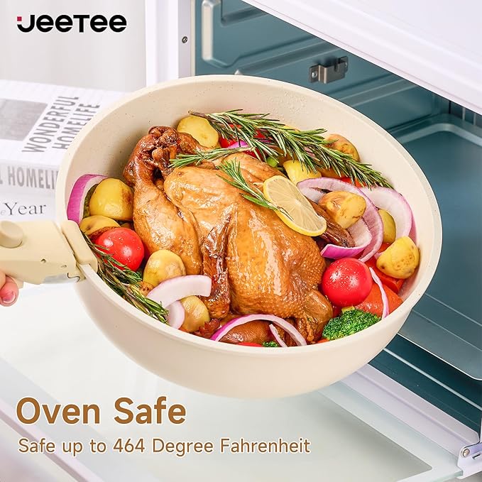 JEETEE 25pcs Pots and Pan Set Non Stick, Detachable Handle Cookware Set, Induction Cooking & RV Camping Stackable Pots Pans, Healthy Kitchen Cookware Set PFAS/PFOA Free Beige