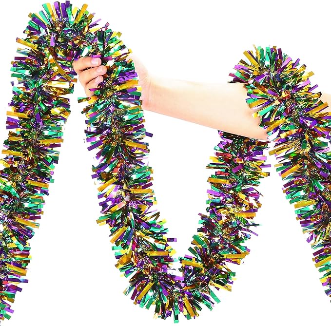 50FT Mardi Gras Tinsel Garland Purple Green Gold Metallic Mardi Gras Garland Shiny Mardi Gras Tree Ornaments for Carnival Party Indoor Outdoor Decorations