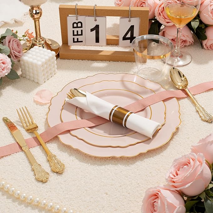 Liacere 350PCS Pink Plates Disposable-PinK Plates 50guest Baroque Plastic Dinnerware include 100Plates, 50Pack Pre Rolled Napkins with Silverware 50Cups Perfect for Valentine's Day＆Galentines Day