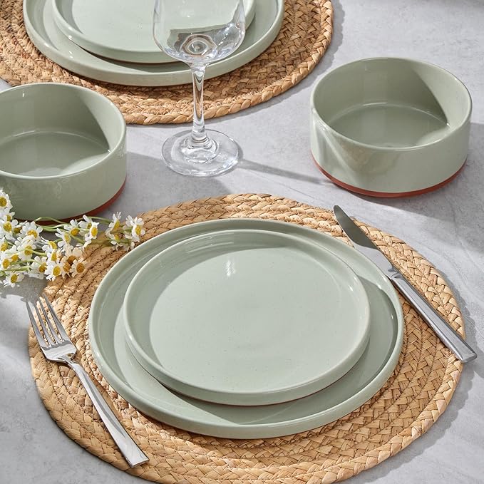 LIANYU Stoneware Dinnerware Sets Service for 8, 24 PCS Plates and Bowls Sets, Handmade Ceramic Dish Set, Highly Chip and Crack Resistant Modern Plate Set, Laurel Green
