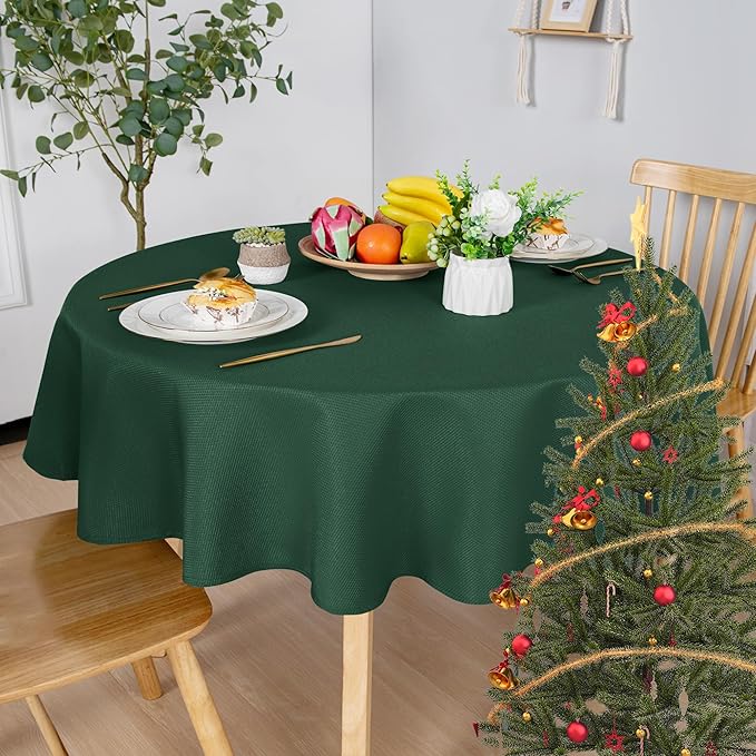 Hiasan Round Textured Tablecloth 60 Inch - Waterproof Spillproof Antiwrinkle Jacquard Table Cloth, Decorative Polyester Table Cover for Kitchen, Picnic, Holiday and Parties, Hunter Green