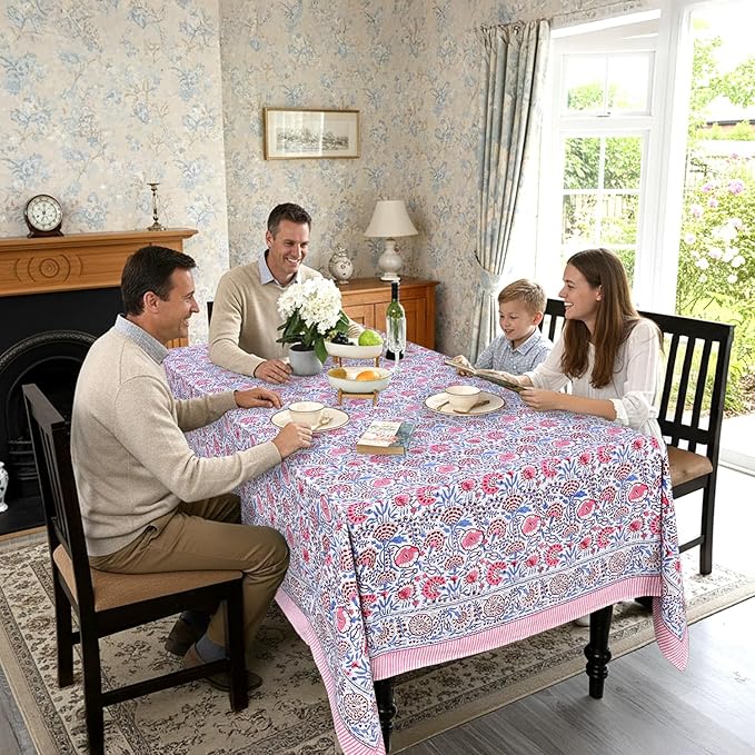 Ridhi Hand Block Print Pigeon Blue Flamingo Pink Rectangle Cotton Tablecloth 160" x 72" Reusable Table Cover Decorative Everyday Use for Dining, Farmhouse, Home Gift for Spring, Easter, Valentine