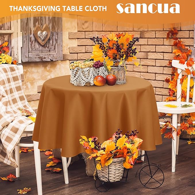 sancua Round Tablecloth 70 Inch(Fits 20-58 Inch Tables) Light Brown- Water Resistant Spill Proof Washable Polyester Fall Table Cloth Decorative Fabric Cover for Dining Thanksgiving Parties, Bronze