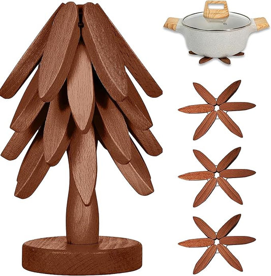 Wooden Trivets for Hot Dishes,Natural Tree Trivet Set,Foldable Wooden Trivet,Black Walnut Wooden Tree Coaster Set for Hot Dish/Pot/Bowl/teapot/hot Pot Set(4 Piece-Walnut)