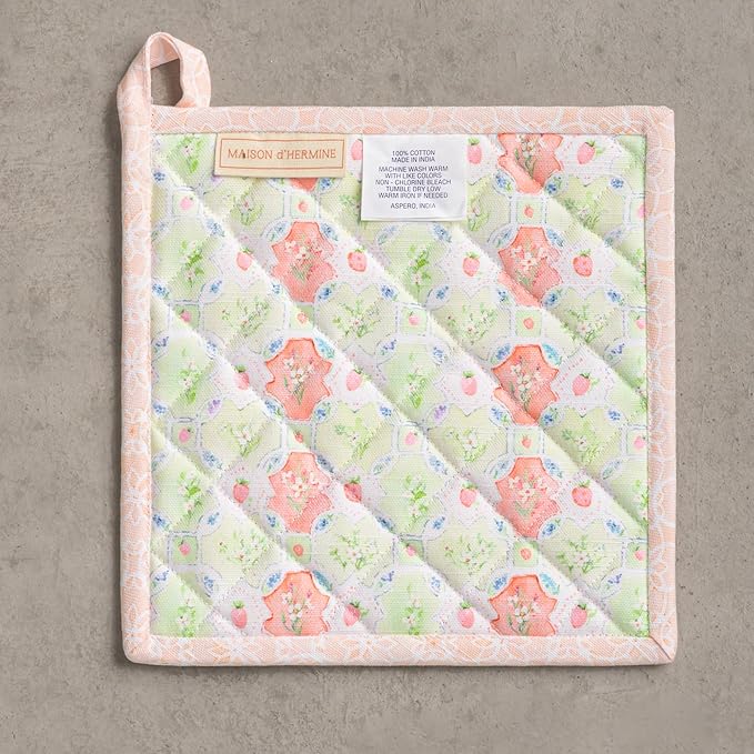 Maison d' Hermine Pot Holders 100% Cotton Heat Resistant Potholders 8" x 8" Hot Pads with Loop BBQ, Cooking, Baking, Grilling, Kitchen, Handling Hot Pans Spring/Summer (Pack of 1, Bunny Party)