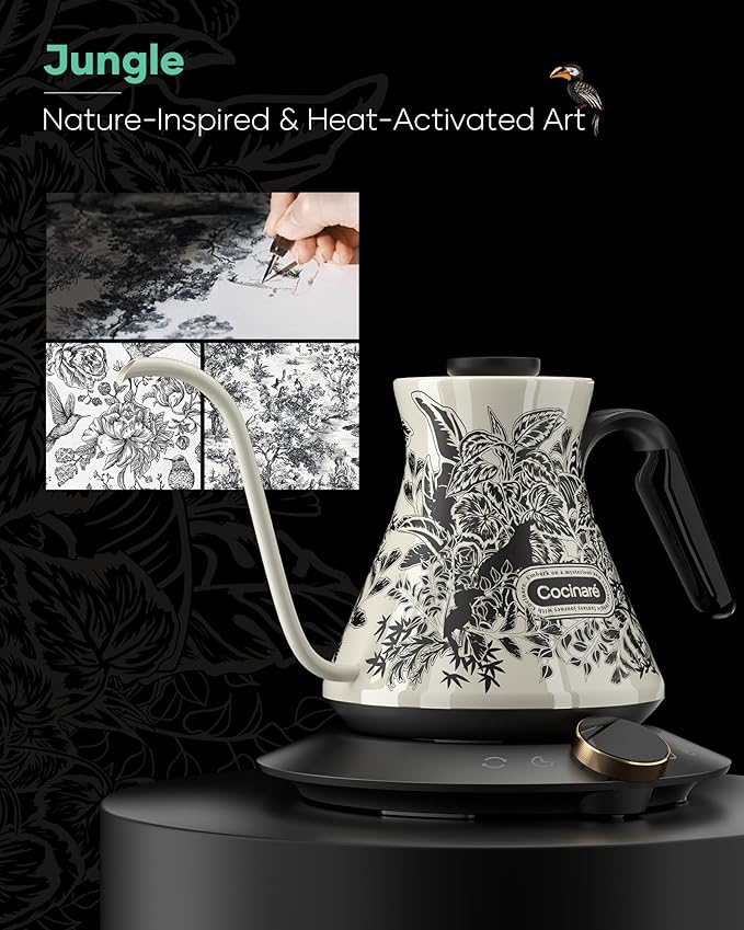 Cocinare FLOW M6 Pro Electric Gooseneck Kettle with Color-Changing Design, ±0.5℉ Temperature Control for Pour-over Coffee & Tea, Stainless Steel Interior, Quick Heating for Boiling Water (Jungle)