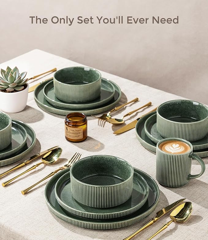 GBHOME 24-Piece Stoneware Dinnerware Set for 8 – Ribbed Ceramic Plates and Bowls, Scratch-Resistant, Microwave & Dishwasher Safe, Reactive Glaze, Dark Green