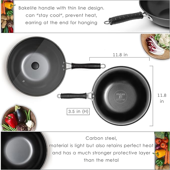 Moss & Stone 5 Pcs Carbon Wok Set, Carbon Steel Wok Pan 12 Inch Woks and Stir Fry Pans, Chinese Wok For Electric, Induction & Gas Stove With Glass Lid, Wok Spatula, Chopping Board & Paring Knife