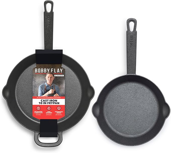 GreenPan x Bobby Flay Cast Iron Skillet Set, 8” &10” Pre-Seasoned Frying Pans, Pour Spouts, Induction Compatible, Oven, Grill, Indoor/Outdoor, Durable, Black