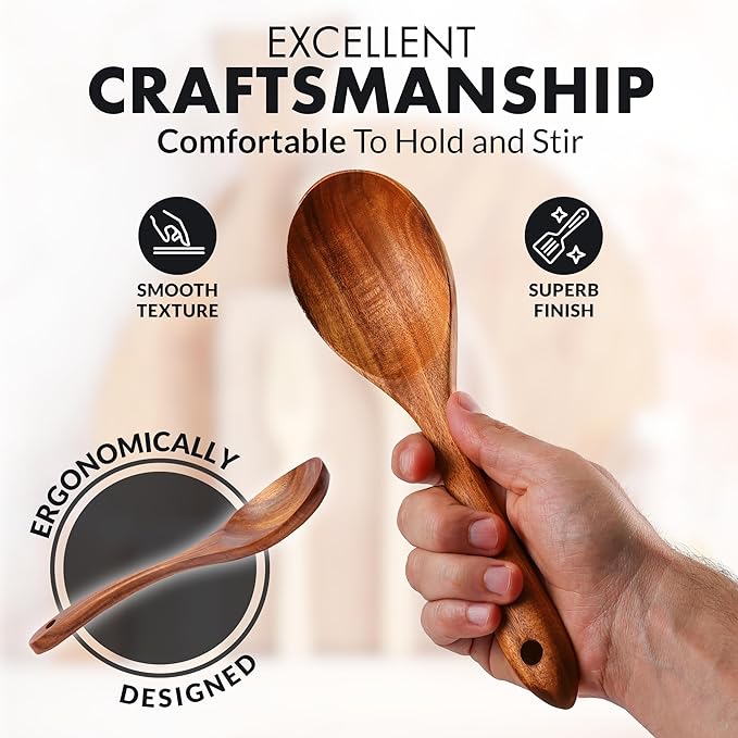 Zulay Kitchen 10-Piece Wooden Spoons for Cooking - Smooth Finish Teak Wooden Utensils for Cooking - Soft Comfort-Grip Wood Spoons for Cooking - Non-Stick Wooden Cooking Utensils - Wooden Spoon Sets