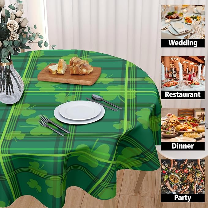 St. Patrick's Day Round Tablecloth 70 Inch Green Plaid Shamrock Print Circle Table Cloth Seasonal Holiday Saint Patrick Table Cover for Party Kitchen Dinner Home Decor