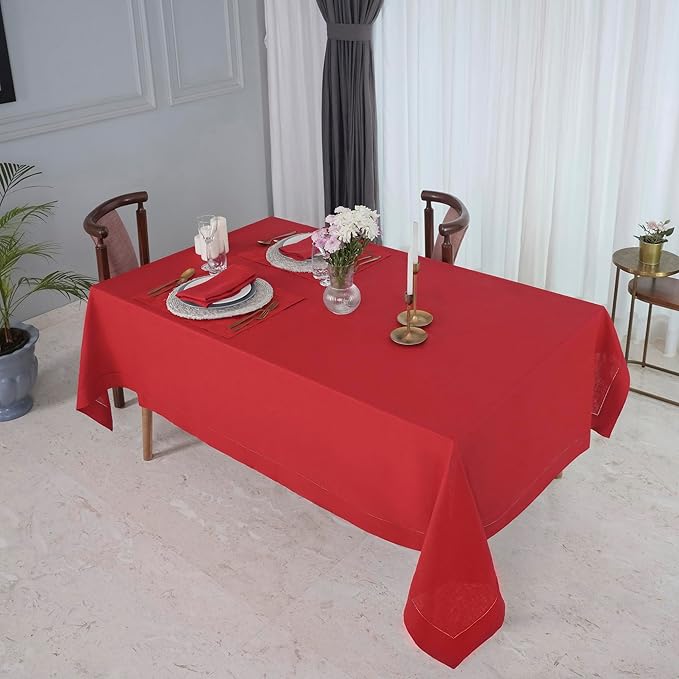D'Moksha Homes Bright Red Linen Tablecloth for Rectangle Tables 60 x 132 Inch - 100% Pure Linen Red Table Cloth - Classic Hemstitch, Machine Washable Dining Tablecloth for Valentines, Spring, Easter