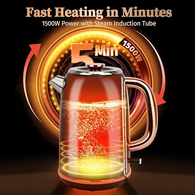 INFOOD Retro Electric Kettle 1.7L/57oz with Thermometer - 1500W Fast Boiling Stainless Steel Hot Water Tea Kettle, BPA-Free, Cordless, Auto Shut-Off, Boil-Dry Protection, Black