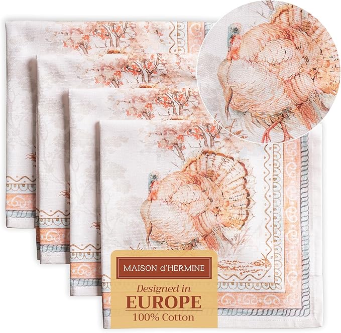 Maison d' Hermine Cloth Napkins Set of 4 100% Cotton for Thanksgiving Christmas Decorations Everyday Reusable Square Fall Napkins Cloth Washable Dinner Party (Giving Thanks, 20"x20")
