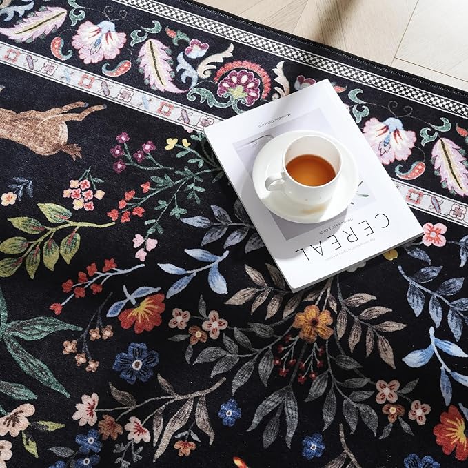 Area Rug 4x6 Rug Washable Rugs Floral Non Slip Low Pile Small Carpet for Bedroom, Bedside, Kids Room, Office, Dining Room (Vibrant Black)