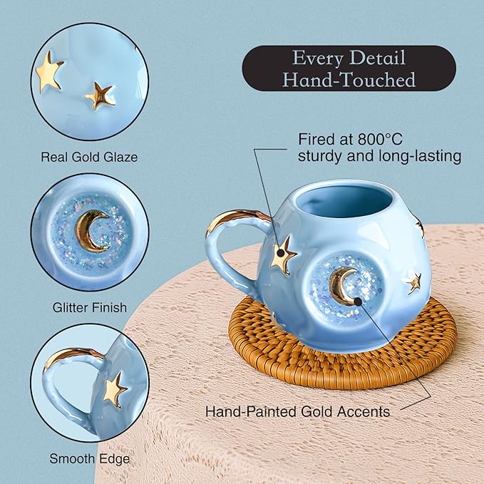 Handmade Coffee Cup 400ML with Fancy Tarot Star/Moon Design, Fashion Starry Sky Ice Coffee Cup, Gradient Pink Pottery Tea Cup for Home/Office (blue)