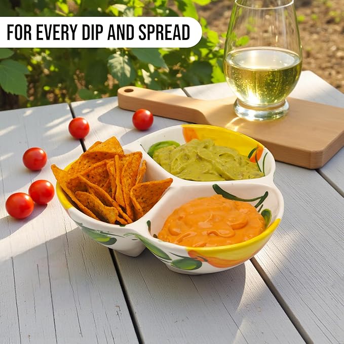Ceramic Chip & Dip Bowl 7.5”, 3-Compartment Divided Serving Dish & Condiment Tray for Appetizers – Handmade in Spain, Lead-Free Glaze, Microwave, Oven & Dishwasher Safe