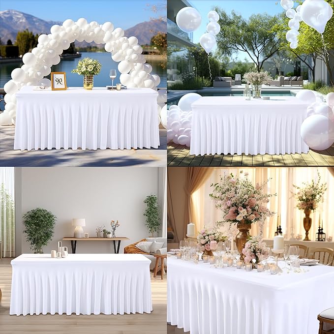 6 Packs White Spandex Table Covers 6 Foot, Fitted Stretch Table Cloth with Skirts 72x30 Inch, Wrinkle-Free Floor Length Rectangle Tablecloths for Weddings Parties Banquets Events
