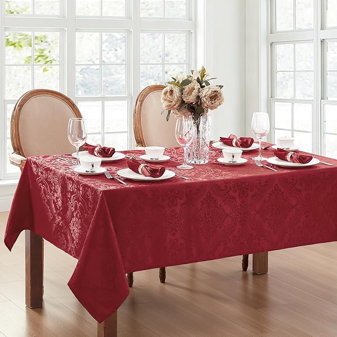 Elrene Home Fashions Caiden Elegance Damask Waterproof, Stain & Wrinkle Resistant Fabric Tablecloth, 60" x 84" Oblong/Rectangle, Red
