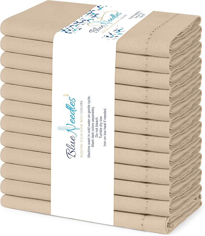 Blue Needles Set of 12 Hemstitch Linen Napkins 100% Cotton Beige Cloth Dinner Napkins 18x18 inches, Soft, Reusable, Absorbent, Washable, Ideal for Wedding Events, Parties & Everyday Use