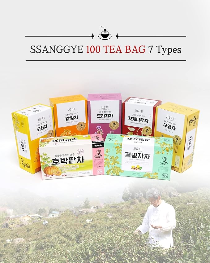 Ssanggye Persimmon Leaf Tea 1.0g x 100 Tea Bags, Bulk Size Premium Korean Herbal Hot Cold Hygienic Single Tea Vitamin Mineral Content Herb Soft Taste Traditional Oriental 감잎차 4 Seasons Made in Korea