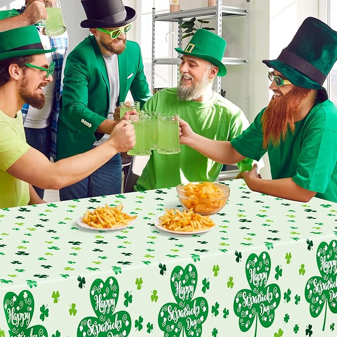 QZYL 2 Pcs St Patricks Day Decorations, 108" X 54" Shamrock Decorations, Plastic Happy St. Patrick's Day Tablecloth, Shamrock Tablecovers, Disposable Rectangle Irish Green Table Cloth for Lucky Party