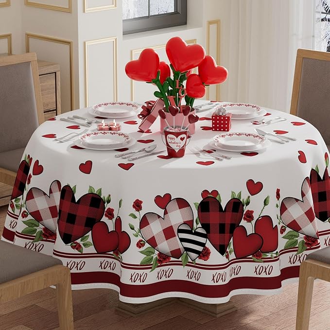 XCHI Plaid Love Hearts Valentine’s Day Tablecloth Round Table Cloth Washable Table Covers for Indoor Outdoor Dining Home Party Decorations 70x70 Inch