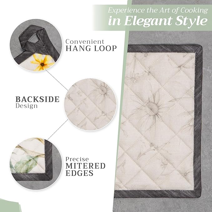Maison d' Hermine Pot Holders Set 100% Cotton Heat Resistant Potholders 8" x 8" Hot Pads with Loop BBQ, Cooking, Baking, Grilling, Kitchen, Handling Hot Pans Spring/Summer (Pack of 2, Candice)