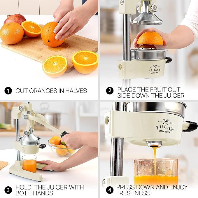 Zulay Kitchen Cast-Iron Orange Juice Squeezer - Heavy-Duty, Easy-to-Clean, Professional Citrus Juicer - Durable Stainless Steel Lemon Squeezer - Sturdy Manual Citrus Press & Orange Squeezer (Cream)