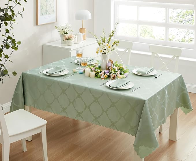 Newbridge Ribbons and Bows Damask Spring & Easter Holiday Fabric Tablecloth, Sage Green, 52 x 70 Inch Rectangle, Wrinkle & Stain Resistant Table Cover