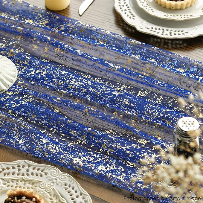 Artoid Mode Blue Gold Gauze Table Runner 59x120 Inch 10FT, Glitter Metallic Foil Sheer Dining Wedding Anniversary Holiday Table Decor for Home Party