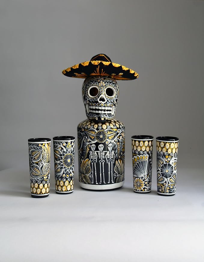 Hand-painted Decanter Set with Shot Glasses and Mexican Sombrero, Personalized Tequila Decanter, Tequila Gift (Special Edition Set)