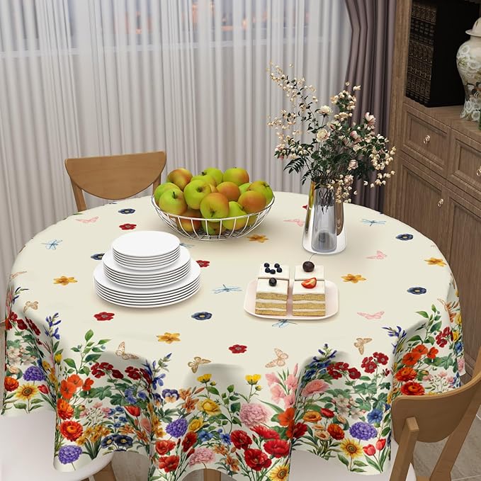 Spring Summer Flower Round Tablecloth 70 Inch Vintage Floral Butterfly Polyester Table Cloth Rustic Farmhouse Table Cover Decoration for Kitchen Dinner Party