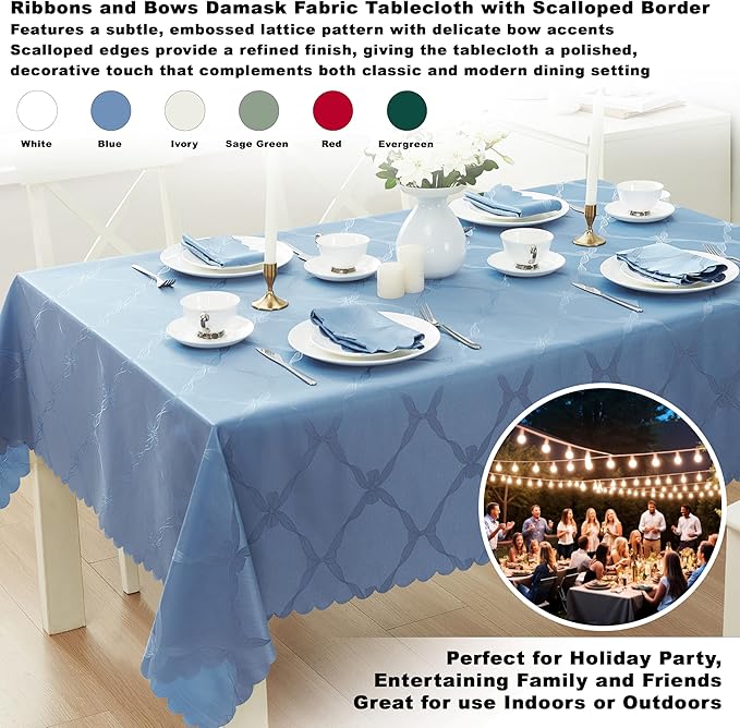 Newbridge Ribbons and Bows Damask Spring & Easter Holiday Fabric Tablecloth, Blue, 60 x 102 Inch Rectangle, Wrinkle & Stain Resistant Table Cover