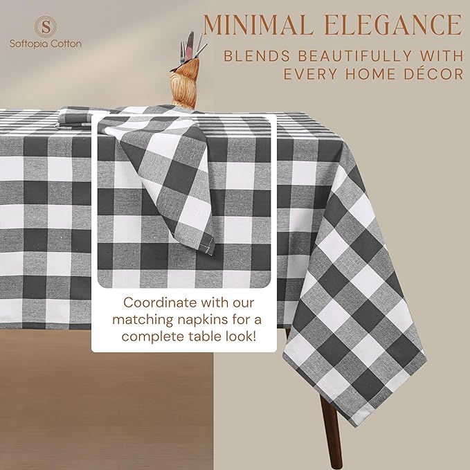 Buffalo Plaid Check 52"x70" Tablecloth 100% Cotton Washable Rustic Rectangle Table Cover Decorative for Gifts, Dining, BBQ, Buffet Parties & Camping - Grey