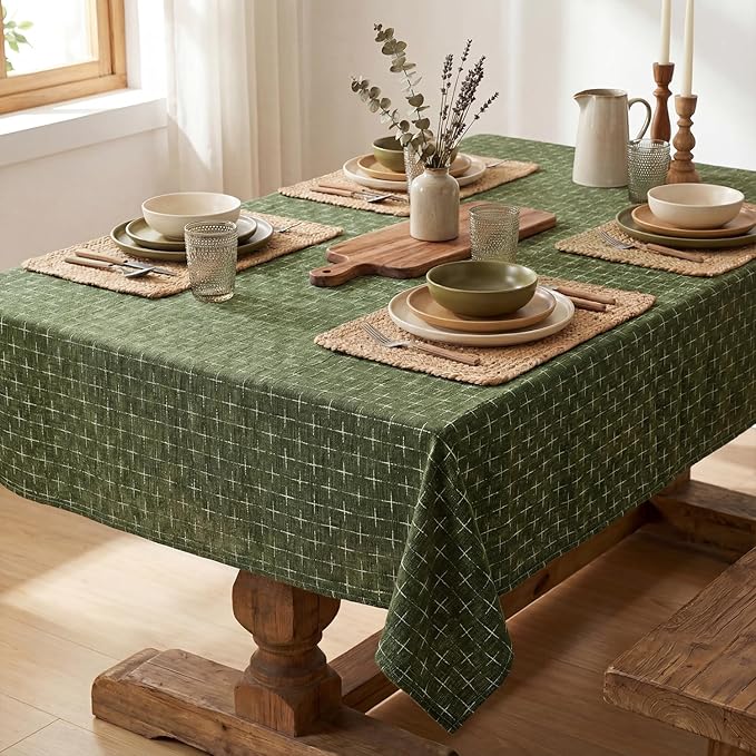 Horaldaily Olive Green Rectangular Table Cloth, Cross-Star Solid Textured Embroidery Tablecloth, Wrinkle Free Washable 60×104 Inch Table Cover for Kitchen, Party, Wedding, Picnic, Outdoor