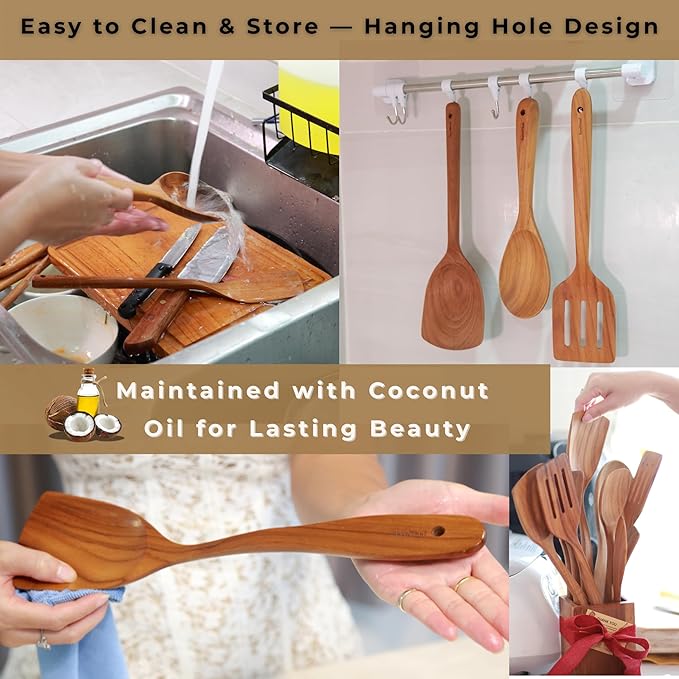 SarnThai Teak Wooden Wok Spatula – Handmade Thai Stir Fry Spatula, Long Handle Wooden Turner, Natural Eco-Friendly Cooking Utensil for Non-Stick Cookware