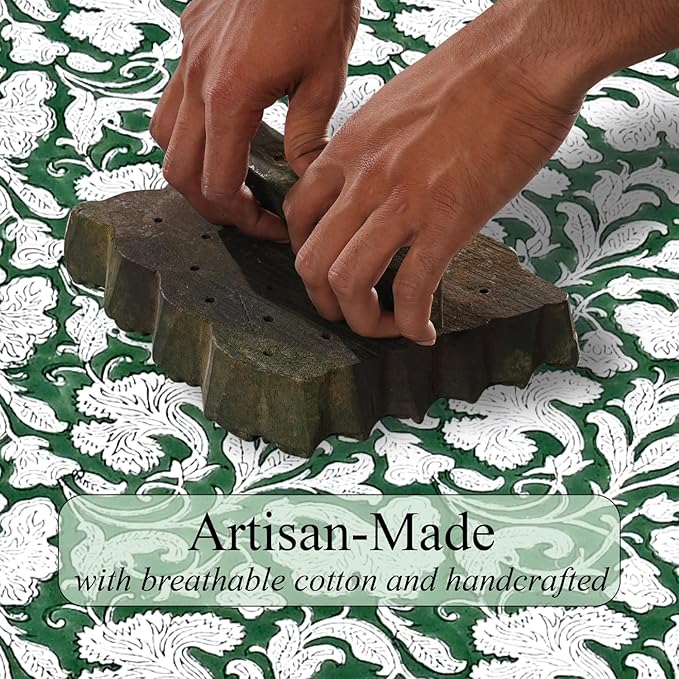 Ridhi Hand Block Print Pantone Artichoke Rectangle Cotton Tablecloth 118" x 70" Reusable Table Cover Decorative Everyday Use for Dining, Farmhouse, Home Gift for Spring, Easter, Valentine