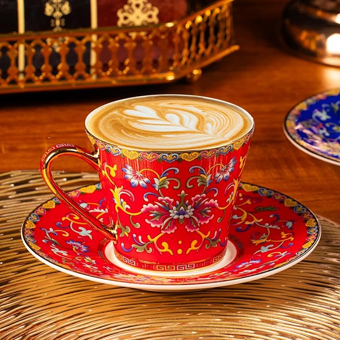 KAMMAK Tea Cups and Saucers Set of 2, Porcelain Coffee Cup with Saucer for Espresso, Cappuccino, 8oz Vintage Red and Blue Ceramic Novelty Mug for Home, Tea Party, Office