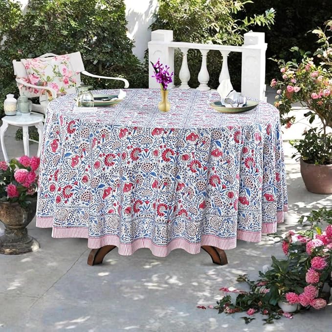 Ridhi Block Print Round Flamingo Pink Reusable Tablecloth 100% Cotton 60" Inch Decorative Table Cover eveyday Dining, Home, Party, Wedding, Farmhouse Gift for Spring, Easter, Valentine