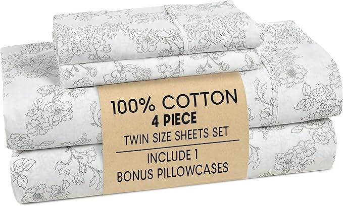 Casa Platino 100% Cotton Twin Sheet Set – 4 Piece Twin Sheet Set Twin with Crisp Cool & Soft Feel, with 15 Inch Deep Pocket Fitted Sheet, Breathable & Cozy for a Good Nights Sleep – Ashpetal