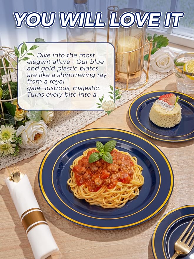 350PCS Navy Blue and Gold Plastic Plates with Rolled Napkins Include Dinner Plate 10’’, Dessert Plate 7’’, gold Cups 9 OZ, Pre Rolled Napkins 25 of each type for Party/Birthday/Wedding