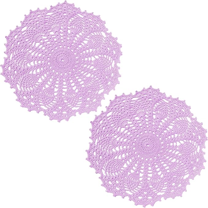 BIBITIME Lace Doilies Crochet Handmade Lace Coasters Round Placemat Rustic Table Doilies Decors for Kitchen Dining Room Party Dressers (11 inches to 12 inches,Pack of 2 PCS, Light Purple)