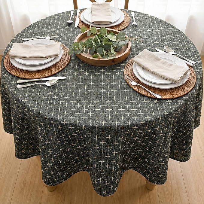 Horaldaily Taupe Round Table Cloth, Cross-Star Solid Textured Embroidery Tablecloth, Wrinkle Free Washable 60×60 Inch Table Cover for Kitchen, Party, Wedding, Picnic, Outdoor