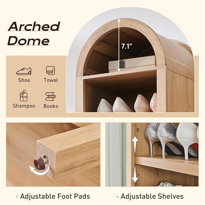 71" Tall Arched Bookshelf, 8 Tiers Arch Bookcase with Storage, Modern Farmhouse Book Shelf with Adjustable Shelves, Wood Bookshelf w/Open Display Shelves for Living Room, Office (Natural)