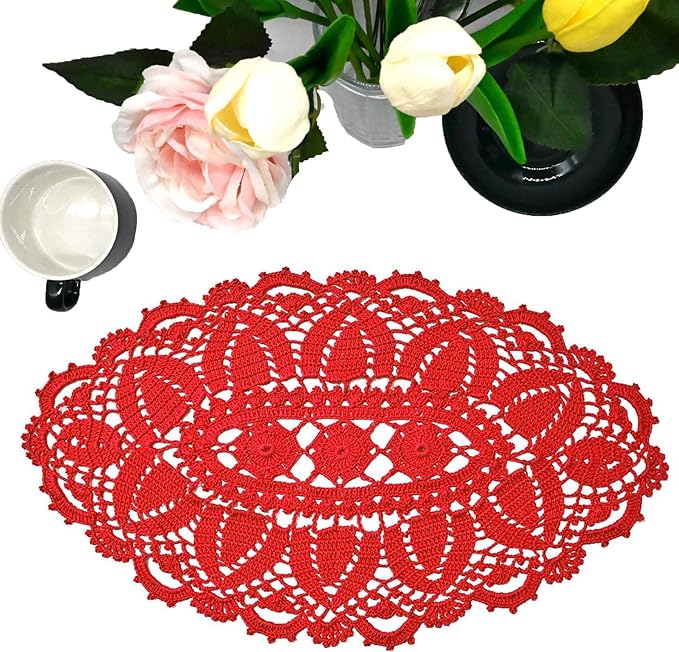 BIBITIME 12 in x 22 in Lace Tablecloth Crochet Doily Handmade Placemat Women Vase Mat Kitchen Table Runner Tea Coasters (1PC,Red)