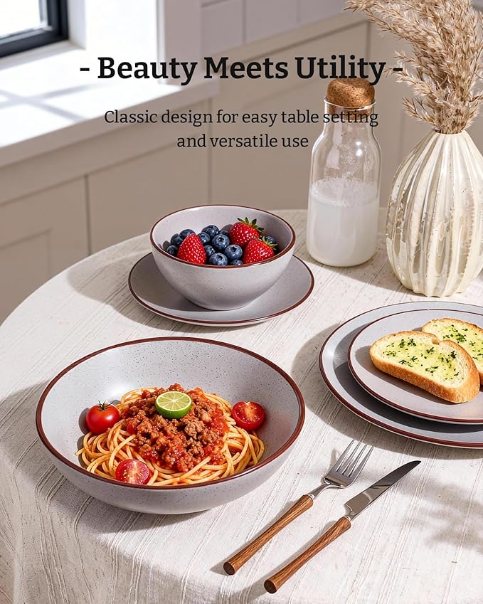 Famiware Venus Speckled Dinnerware Set with Pasta Bowls, Service for 4 (16 Pieces), Stoneware Plates and Double Bowls Sets, Microwave & Dishwasher-Safe Dishes with Trim, Matte Light Grey