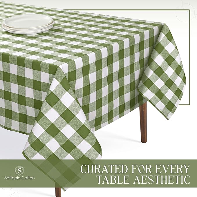 Mint Green and White Buffalo Check Tablecloth, 60x102 Inches, Plaid Table Cover, 100% Cotton, Washable, Reusable Farmhouse Tablecloth for Holidays, Parties, Weddings, Everyday Use