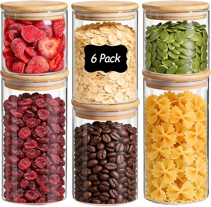 ComSaf Glass Storage Containers with Lids (0.6qt/1qt/1.5qt) Set of 6,Glass Pantry Storage Containers with Airtight Lid & lables for Dry Food, Snacks, Nuts, Stackable for Kitchen, Pantry Organization