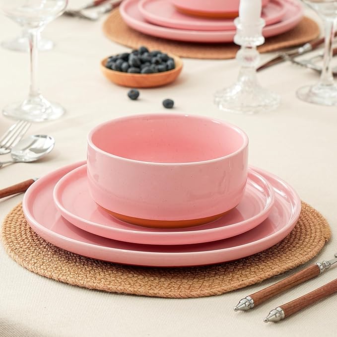 24 Piece Dinnerware Set, Dual Glaze Stoneware Plates and Bowls Sets, Modern Dinner Plate, Salad Plate, Cereal Bowl, Dish Set for 8, Microwave and Dishwasher Safe, Pink